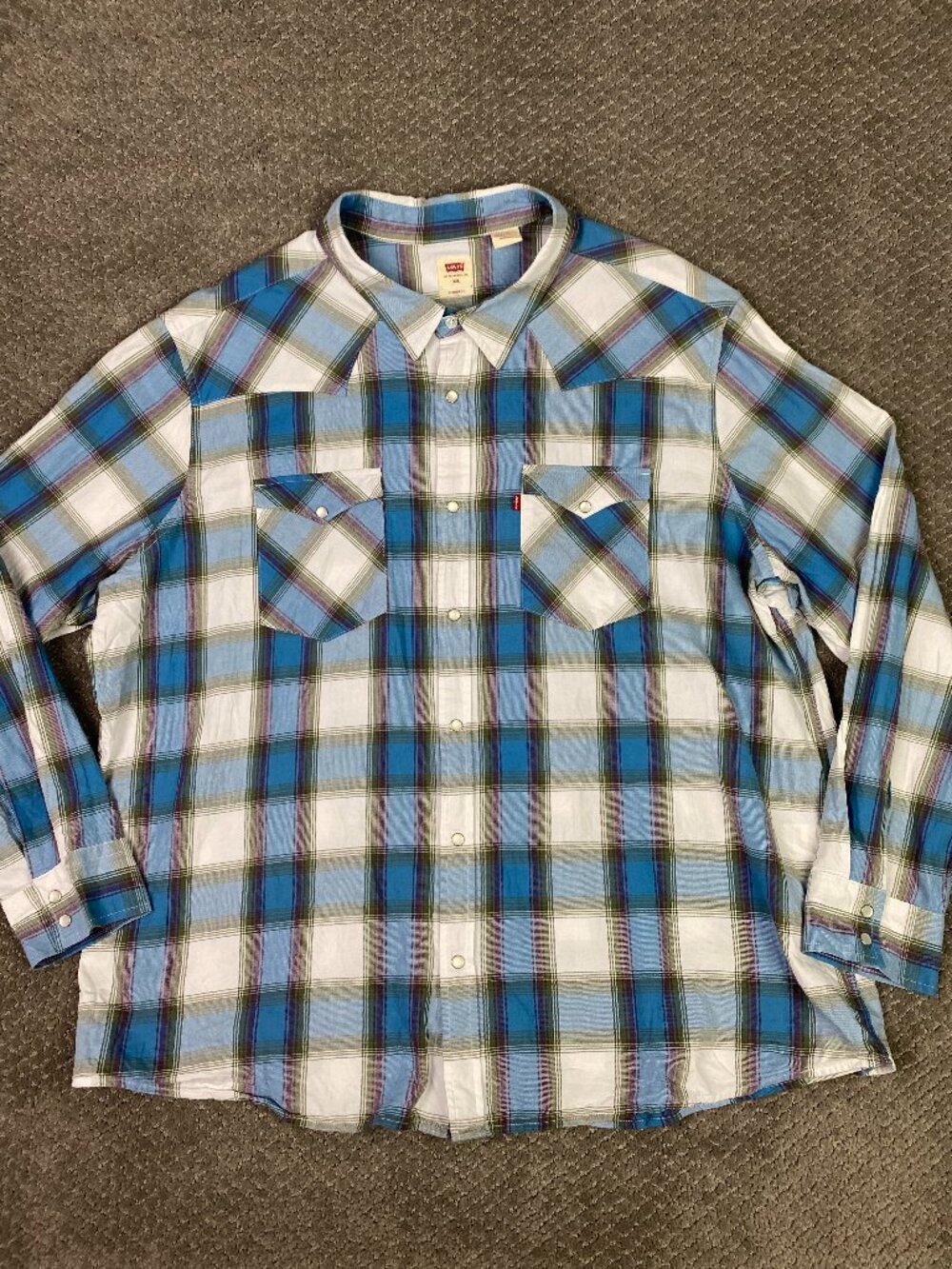 Levi's Pearl Snap Shirt Mens 3XL Blue White Red Plaid Western Twill